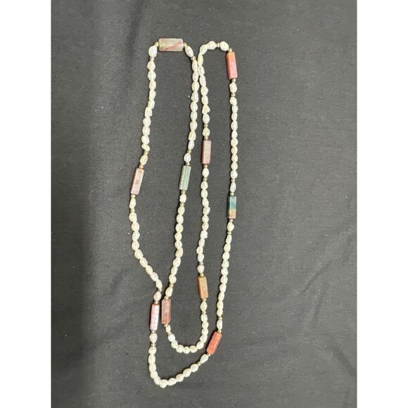 Long Multicolor Quartz & Freshwater Pearl Beaded Necklace 32 Inch - Picture 4 of 4